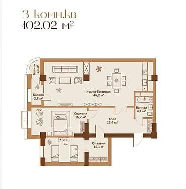 студия комната: Строится, Элитка, 3 комнаты, 104 м² — 5