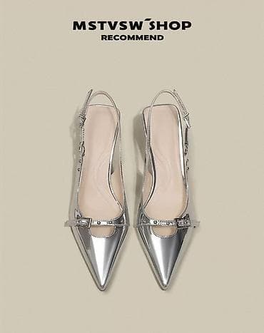 kleo 550: Женские туфли-слингбэки в зеркальном серебристом цвете. Каблик 6см — 4