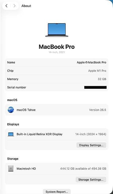 m1: MacBook Pro 14" (2021) M1 Pro 32Gb, SSD 512Gb - Чип: Apple M1 Pro — 2
