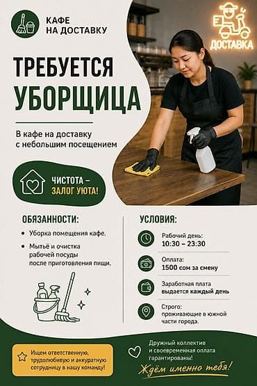 Мейманканалар, кафелер, ресторандар: Талап кылынат Тазалоочу, Төлөм: Күнүмдүк — 1