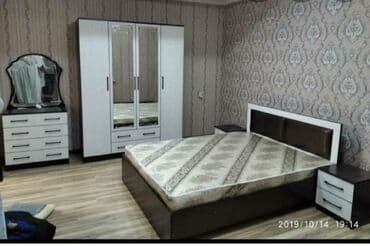 спальный гарнитур кровать тумбы и комод: Спальный гарнитур, Двуспальная кровать, Шкаф, Трюмо — 1