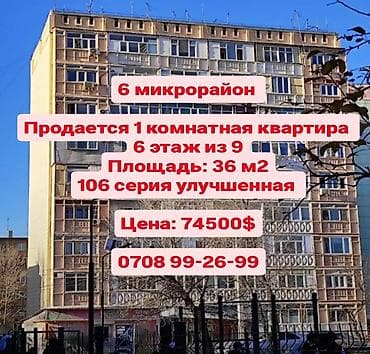 6: 1 комната, 36 м², 6 мкр 106 серия улучшенная, 6 этаж, Евроремонт — 1