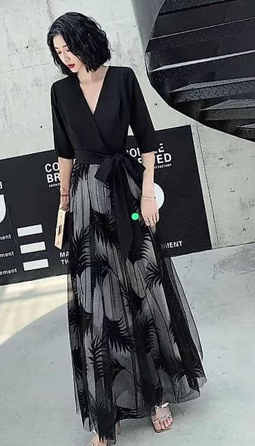 вечернее платье в стиле ампир: Элегантное чёрное платье в пол с поясом - Верх: лаконичный — 1