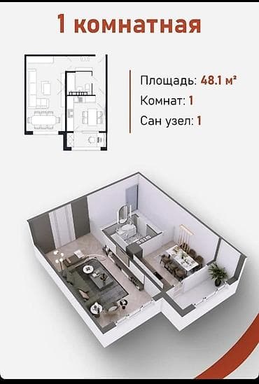 Квартиры: 1 комната, 48 м², 106 серия улучшенная, 7 этаж, Готовая ПСО (под самоотделку) — 2