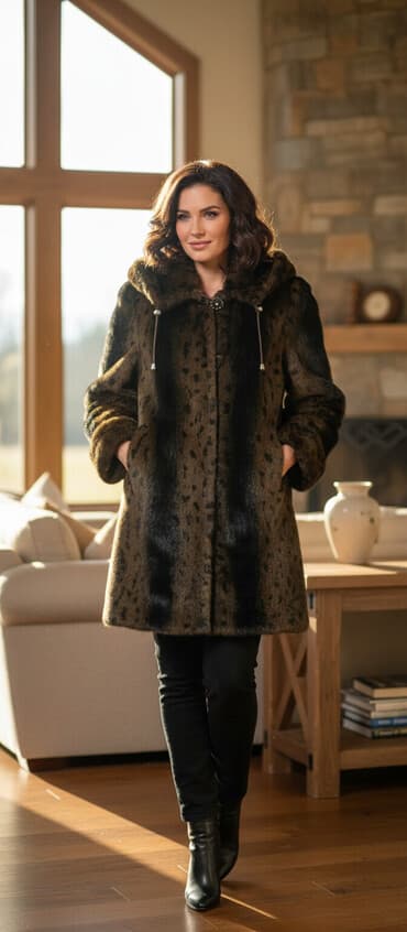 Шуба, По колено, С капюшоном, 2XL