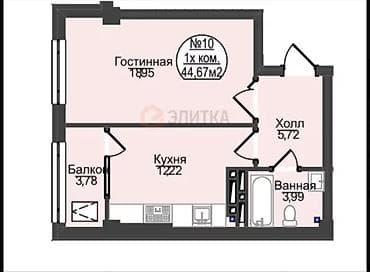 45: 1 комната, 45 м², Арча-Бешик ж/м Элитка, 6 этаж, ПСО (под самоотделку) — 2