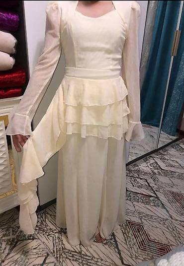 бежевое вечернее платье: Вечернее платье, Пышное, Длинная модель, Шифон, С рукавами, S — 1