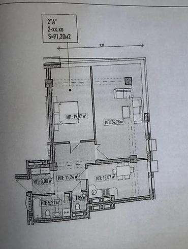 Квартиры: 2 комнаты, 91 м², Асанбай мкр Элитка, 4 этаж, ПСО (под самоотделку) — 3