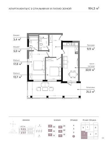 квартира 2 ком продаю: Строится, Элитка, 2 комнаты, 104 м² — 1