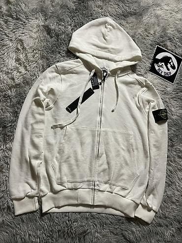 Толстовки: Худи на молнии Stone Island, белое - Классический крой с капюшоном на — 3