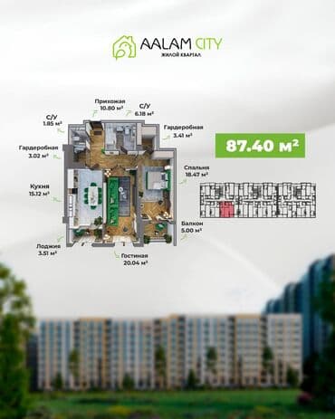 продажа квартир бишкек: 2 комнаты, 87 м², Элитка, 13 этаж, ПСО (под самоотделку) — 1