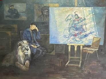 стол письменный б: Картина маслом на холсте: интерьер мастерской с художником и — 1