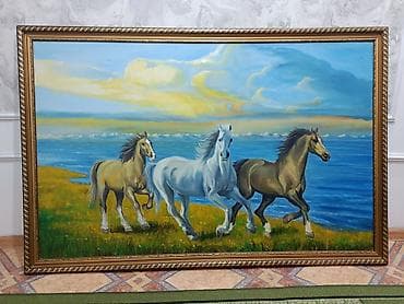 жылкы жаныбар: Картина маслом «Три лошади у моря» - Жанр: пейзаж/животные - — 1