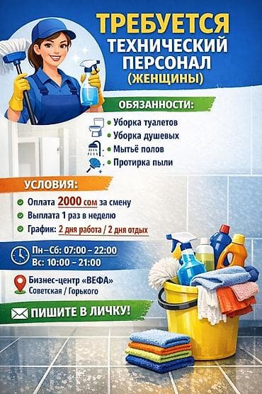 Күзөт, коопсуздук: Талап кылынат Тазалоочу, Офис, Иш тартиби: Эки күн иштеп, эки күн бош — 1