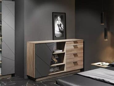 необычные: Даллас КМ 01- Комод 4 ящ, МДФ Софт Графит/Дуб Каньон, Коллекция — 1