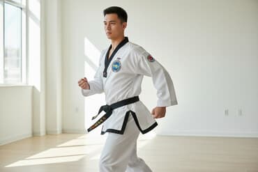 домашние тренажеры: Белое добок для тхэквондо. На рукаве вышивка с надписью и логотипом — 1