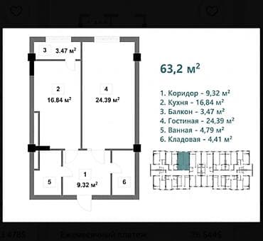 1 комната, 63 м², Элитка, 13 этаж, ПСО (под самоотделку)