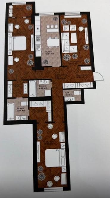 3: 3 комнаты, 117 м², ул. Ахунбаева / Чапаева Элитка, 9 этаж, ПСО (под самоотделку) — 6