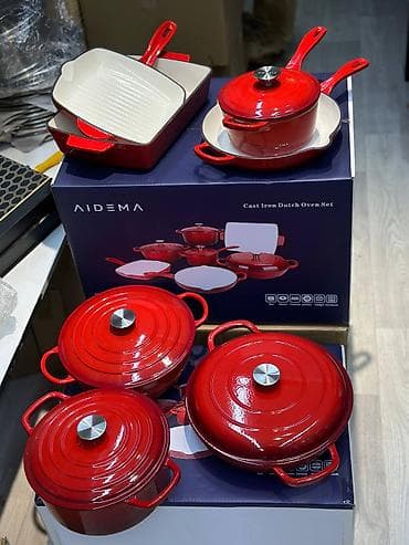 iron: Набор чугунной посуды AIDEMA — Cast Iron Dutch Oven Set, зелёный. 7в1 — 3