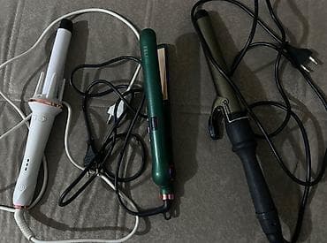 Белая автоматическая плойка, зелёный утюжок для выпрямления волос и