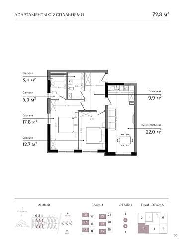 Строится, Элитка, 2 комнаты, 72 м²