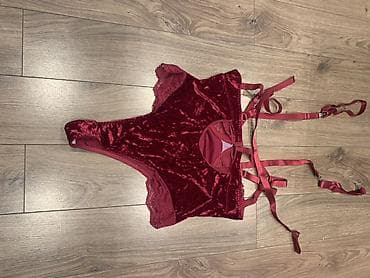 lining flex: Бордовый бархатный боди-комплект с подвязками - Материал: мягкий — 1
