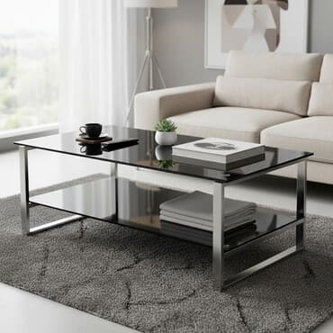 Прямоугольный журнальный столик с двумя уровнями из черного глянцевого