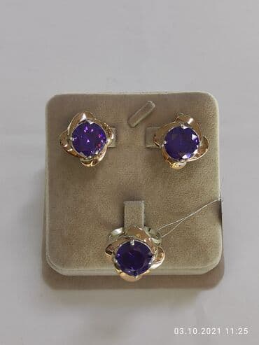 золотая лошадь цена: Набор с камнями Аметист Цена 3000сом Серебро покрыто золотом пробы — 1