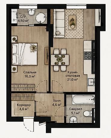 1 комната, 44 м², Асанбай мкр Элитка, 13 этаж, ПСО (под самоотделку)