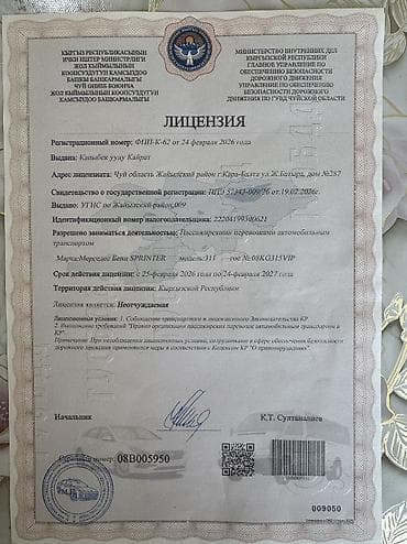 мин булак: Баруучу жер: Манас аэропорту, Орундардын саны: 18, Лицензия №: 08BOO5950 — 4