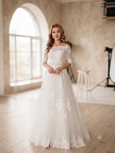 Свадебное платье, 2XL, Прованс стиль, Рукава прозрачные, С шубкой, Шифон, А-силуэт, Пайетки, Цветочные элементы, Кружево, Б/у