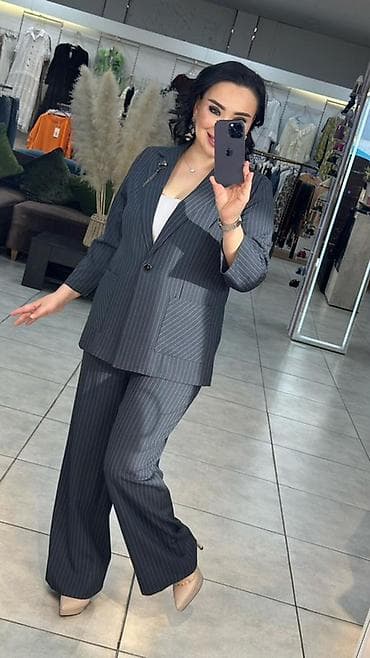 жакет: Женский костюм в тонкую полоску (двойка) - Цвет: темно‑серый с — 5