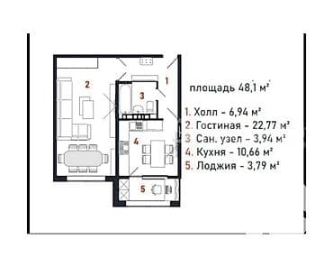 Квартиры: 1 комната, 48 м², 108 серия, 7 этаж, Готовая ПСО (под самоотделку) — 2