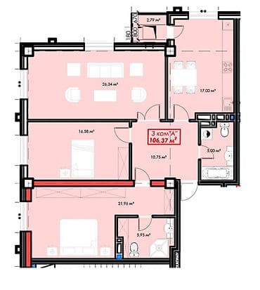 3 комнаты, 107 м², Южная Магистраль Элитка, 2 этаж, ПСО (под самоотделку) — 1