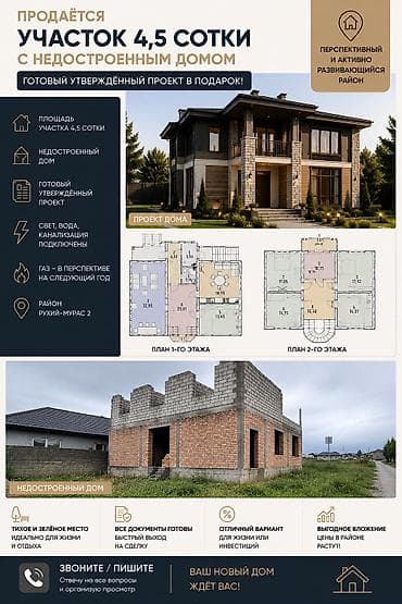 Срочно продается участок с недостроенным домом, 4,5 соток