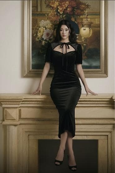 Красота и здоровье: Черное велюровое платье с вырезом и бантами - Материал: плотный велюр — 1