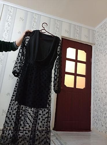 платье черный: Вечернее платье, Коктейльное, Длинная модель, Фатин, С рукавами, M — 2