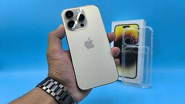 Техника и электроника: IPhone 14 Pro, Б/у, 256 ГБ, Золотой, Защитное стекло, Чехол, Коробка, 100 % — 1