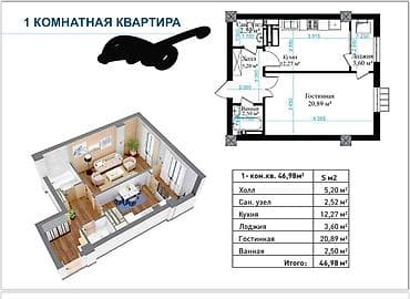 Продажа квартир: 1 комната, 47 м², Элитка, 8 этаж, Готовая ПСО (под самоотделку) — 1
