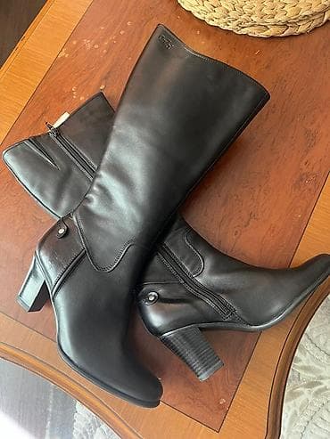 кожанная обувь: Женские зимние сапоги до колена - Цвет: черный - Материал верха — 2