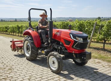 зимние шины на r20: Красный мини-трактор модели 604 с прицепным оборудованием. Оснащен — 2