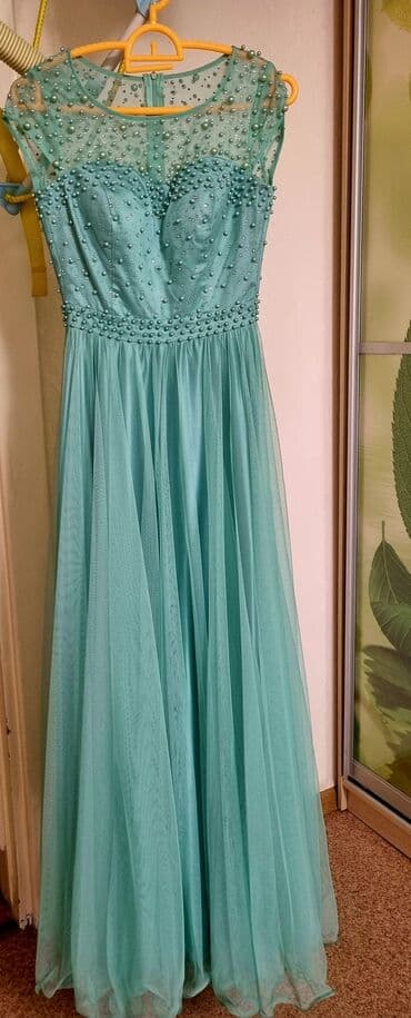 длинные платья в пол зеленого цвета: Вечернее платье, А-силуэт, Длинная модель, Фатин, Без рукавов, Стразы, M — 2