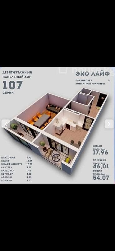 1 ком квартиры продаю: 1 комната, 54 м², 107 серия, 4 этаж, Готовая ПСО (под самоотделку) — 2