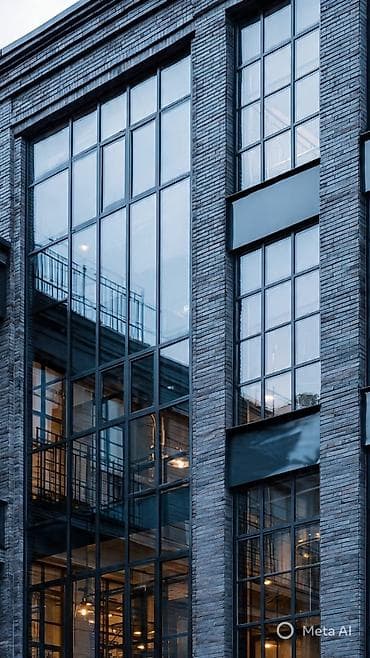 рамка для окон: Многосекционное окно с рамами из темного материала, вероятно, алюминия — 7