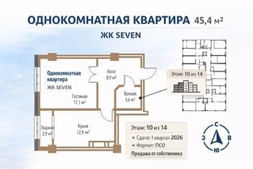 1 комната, 45 м², Элитка, 10 этаж, ПСО (под самоотделку)