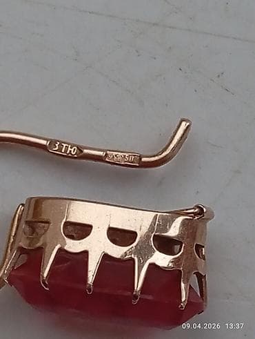 серебряный комплект с красными камнями: Серьги, Проба 585, Женские — 2