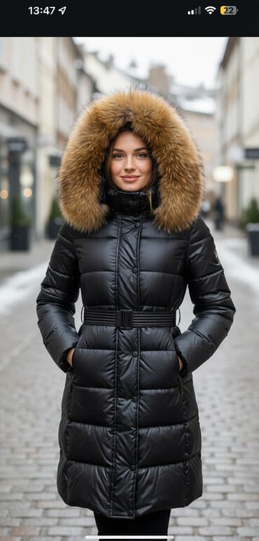 купить женский пуховик большого размера: Пуховик, Длинная модель, С мехом, С поясом, Приталенная модель, M — 1