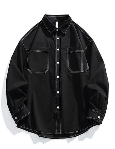 Мужская рубашка oversize, черная, с контрастной белой отстрочкой at lalafo.kg Мужская рубашка oversize, черная, с контрастной белой отстрочкой