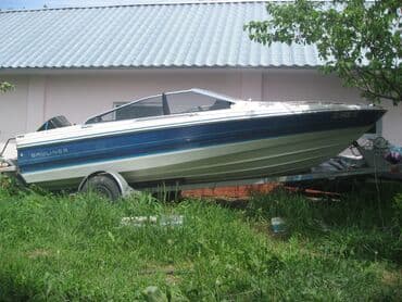 Катер Bayliner с сине-белой отделкой. Оборудован ветровым стеклом