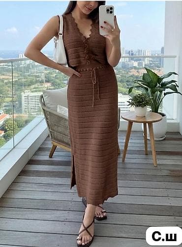 поло рубашки: Вязаный летний комплект: топ + юбка миди - Материал: мягкая ажурная — 5